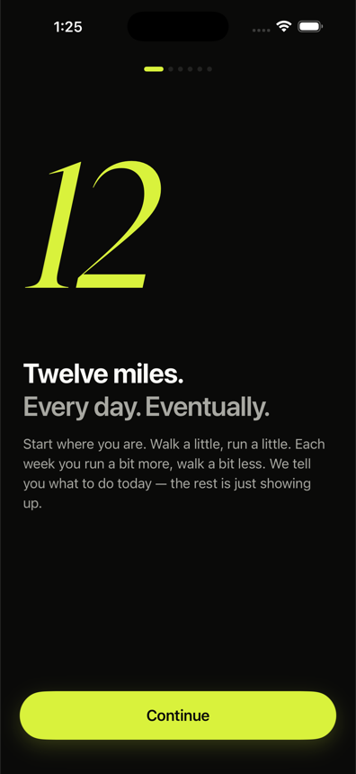 The Today screen: this session's walk-run workout, a start button, and a 17-day streak.